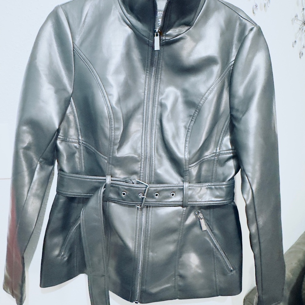 Kenneth Cole Black Faux Leather Belted Zip Jacket